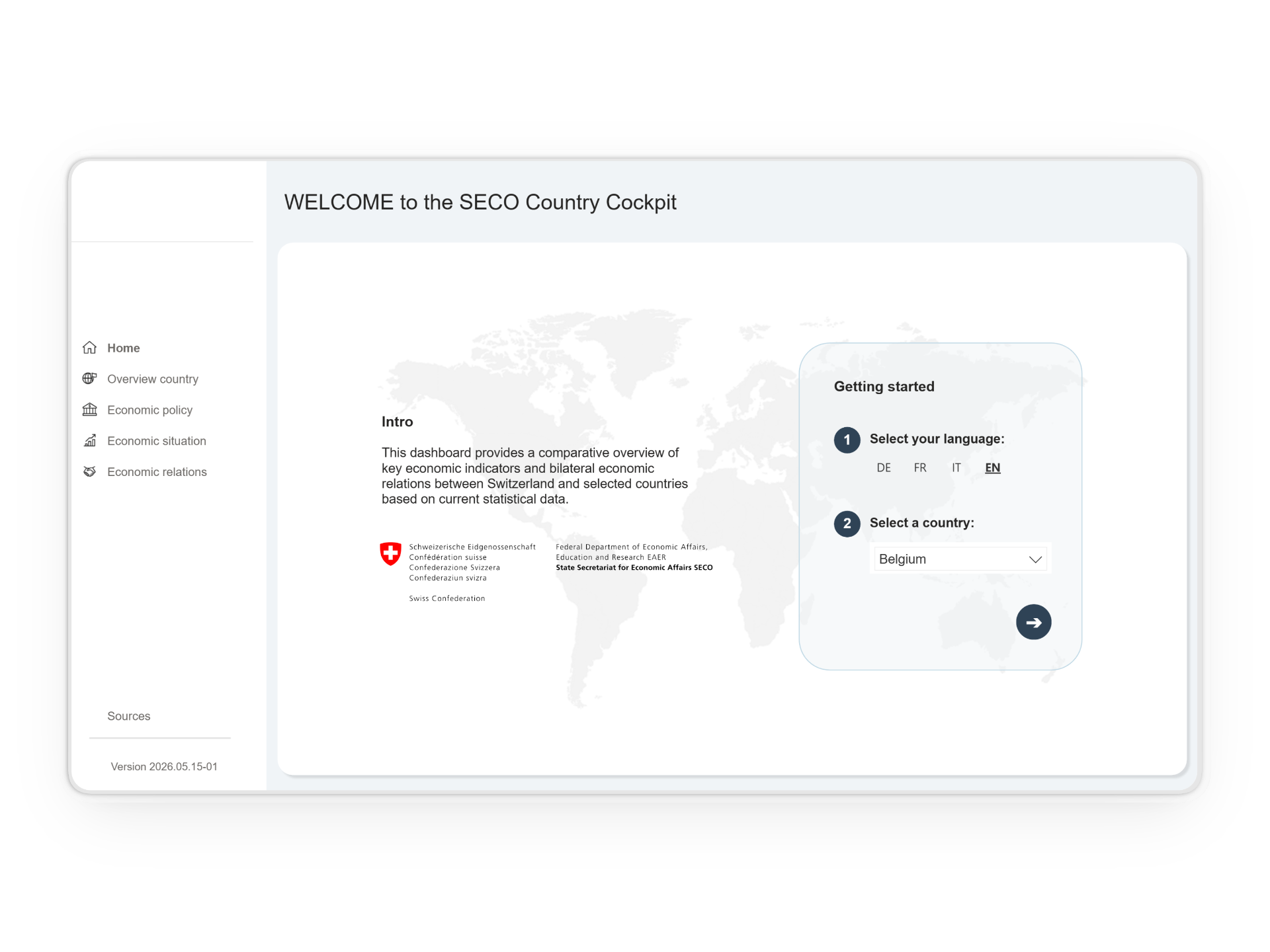Browsing the World's Economy dashboard mockup